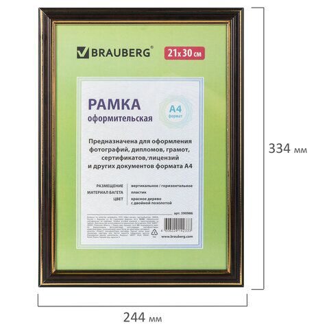 Рамка 21х30 см, пластик, багет 20 мм, BRAUBERG "HIT3", красное дерево с двойной позолотой, стекло