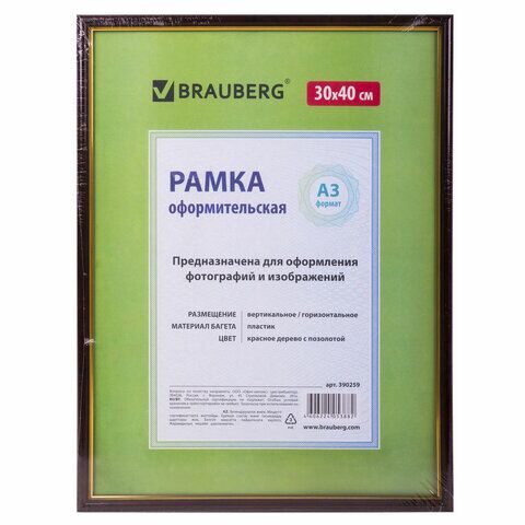 Рамка 30х40 см, пластик, багет 14 мм, BRAUBERG "HIT", красное дерево с позолотой, стекло