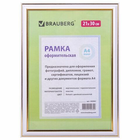 Рамка 21х30 см, пластик, багет 20 мм, BRAUBERG "HIT3", белая с двойной позолотой, стекло