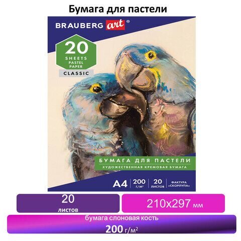 Бумага для пастели А4, 20 л., бумага слоновая кость ГОЗНАК 200 г/м2, тиснение Скорлупа, BRAUBERG ART