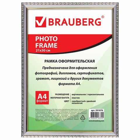 Рамка 21х30 см, пластик, багет 16 мм, BRAUBERG "HIT5", серебро с двойной позолотой, стекло