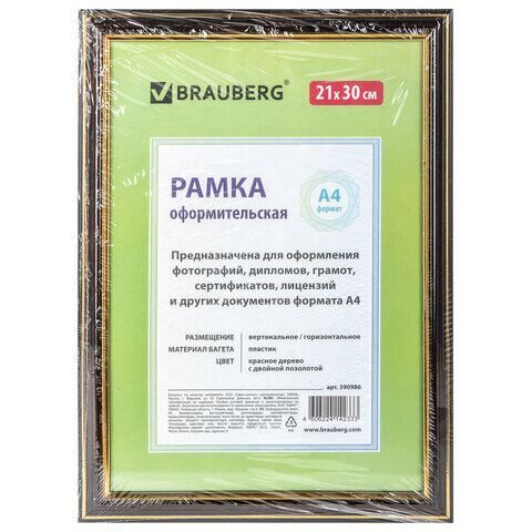 Рамка 21х30 см, пластик, багет 20 мм, BRAUBERG "HIT3", красное дерево с двойной позолотой, стекло