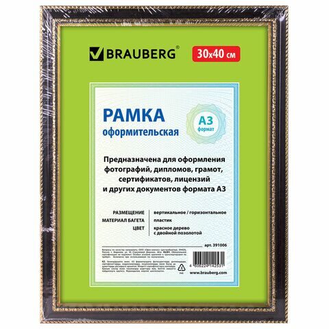 Рамка 30х40 см, пластик, багет 30 мм, BRAUBERG "HIT4", красное дерево с двойной позолотой, стекло