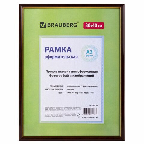 Рамка 30х40 см, пластик, багет 14 мм, BRAUBERG "HIT", красное дерево с позолотой, стекло