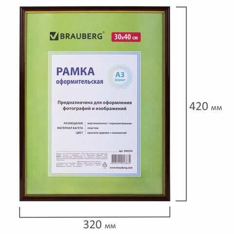 Рамка 30х40 см, пластик, багет 14 мм, BRAUBERG "HIT", красное дерево с позолотой, стекло