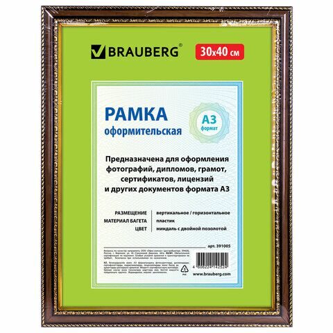 Рамка 30х40 см, пластик, багет 30 мм, BRAUBERG "HIT4", миндаль с двойной позолотой, стекло