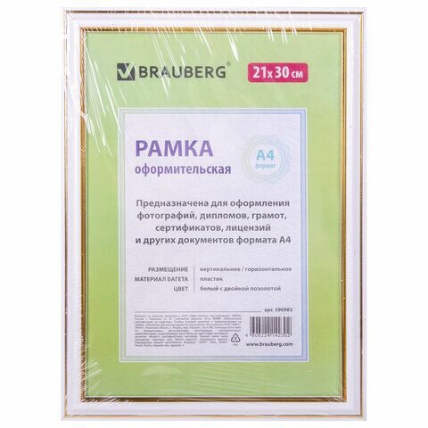 Рамка 21х30 см, пластик, багет 20 мм, BRAUBERG "HIT3", белая с двойной позолотой, стекло